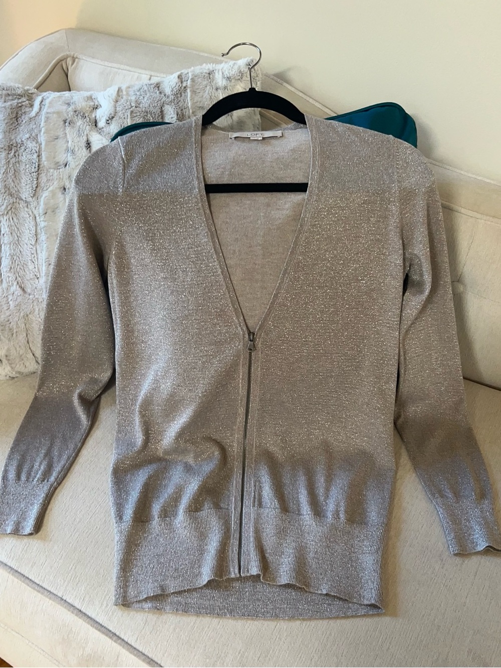 LOFT Shimmery Silver Gray Zip-Front Cardigan